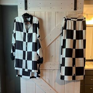 Dressed in LALA satin playsuit in large checkerboard - NWT!